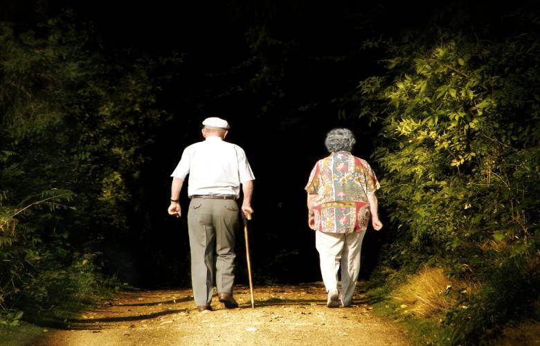 Oude mensen zijn in een bos aan het wandelen.